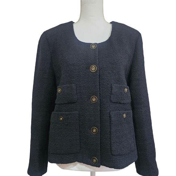 J.Crew Lady Jacket in Black Maritime Tweed Wool Blend Collarless Blazer Size 14 - Picture 7 of 7